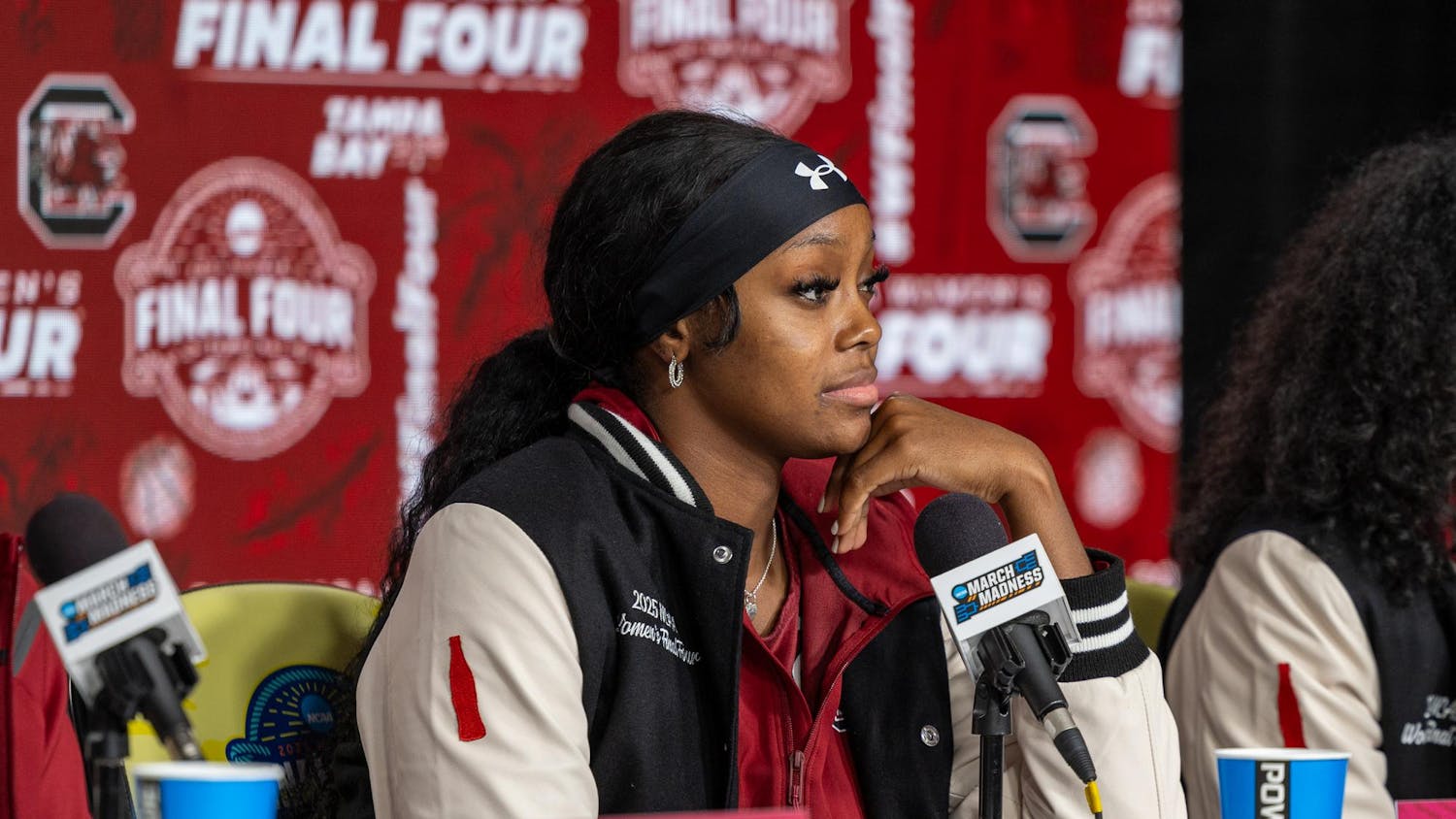 Redshirt junior guard Raven Johnson receives a question from a reporter during South Carolina's press conference on April 3, 2025, at Amalie Arena in Tampa, Florida.