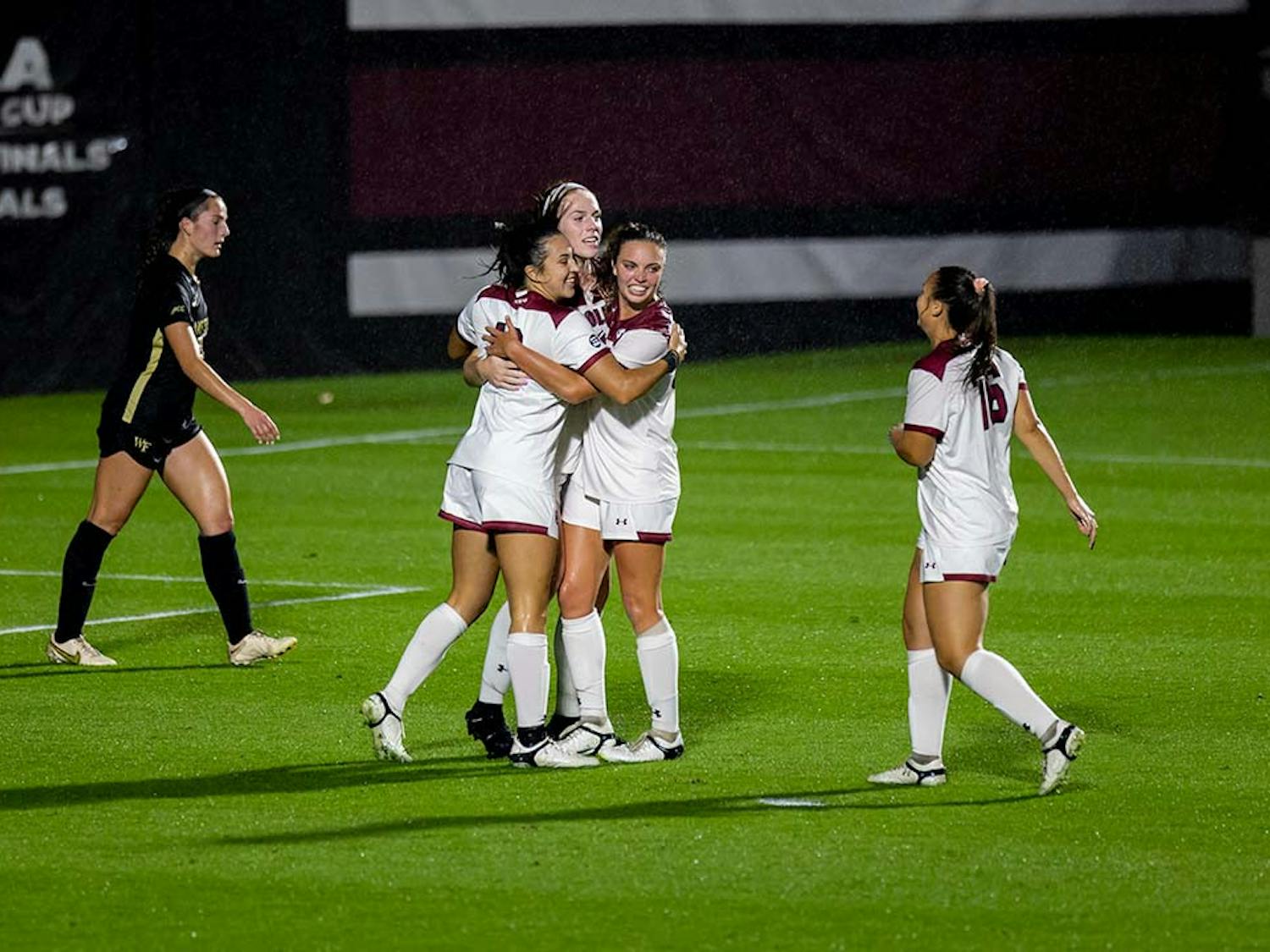 Junior forward Catherine Barry celebrates with her teammates after scoring a goal. Barry's goal was the second of the game and cemented the lead the Gamecocks had over Wake Forest at Stone Stadium on Nov. 12, 2022.