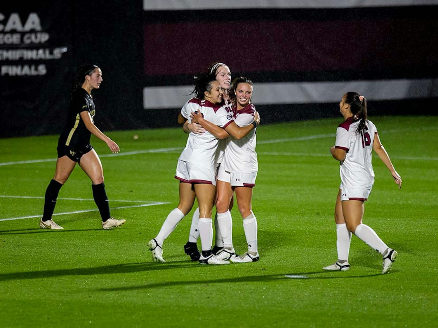 Junior forward Catherine Barry celebrates with her teammates after scoring a goal. Barry's goal was the second of the game and cemented the lead the Gamecocks had over Wake Forest at Stone Stadium on Nov. 12, 2022.
