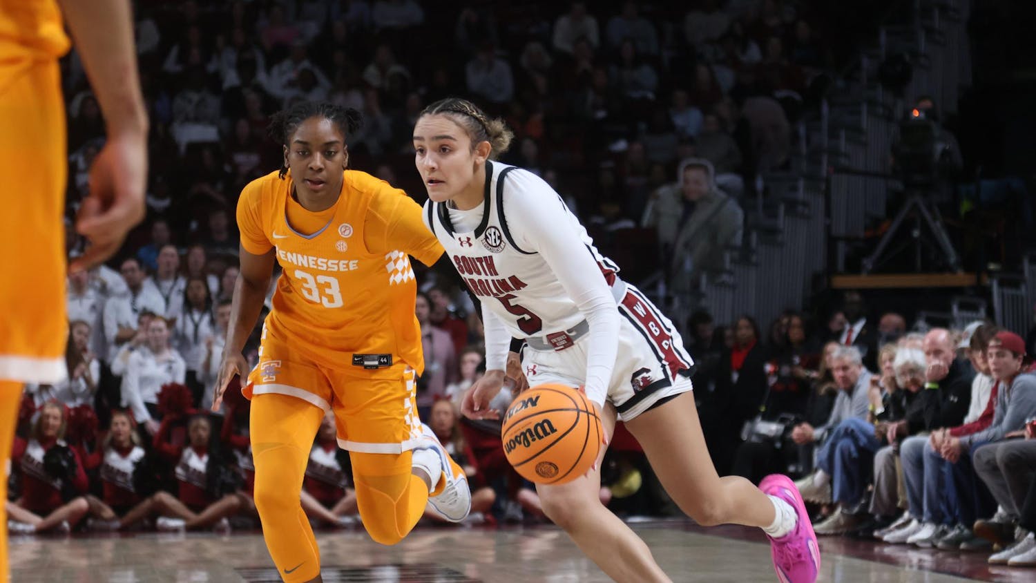 Junior guard Tessa Johnson charges to the goals on Feb. 8, 2026, against No. 19 Tennessee at home in Colonial Life Arena. During the game, Johnson scored 14 points, three rebounds and two assists.
