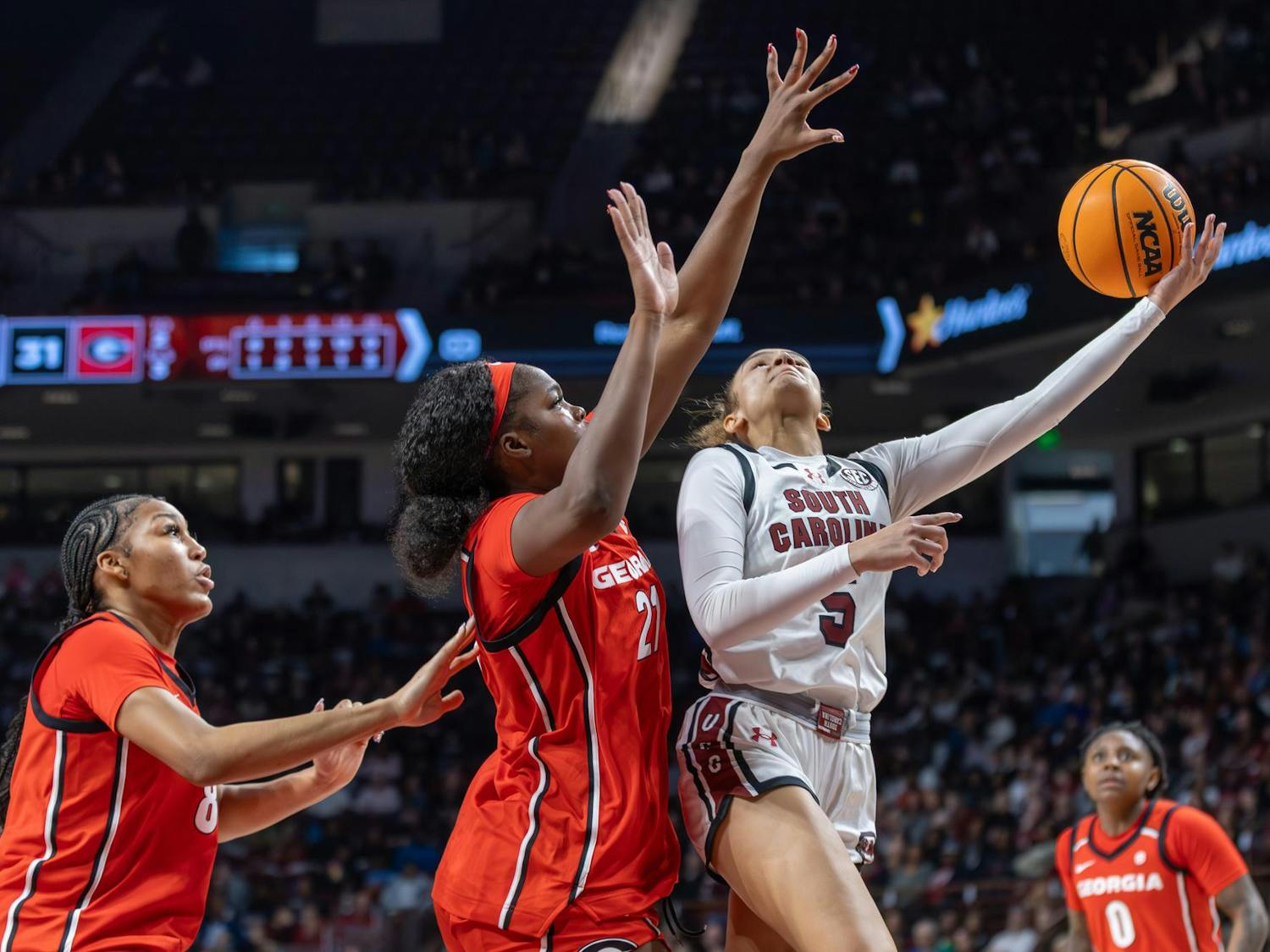 FILE — Junior guard Tessa Johnson performs a layup during the game against Georgia on Jan. 11, 2026. Johnson scored 3 points.