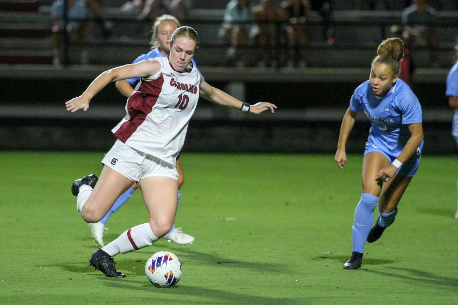Senior forward Catherine Barry sends the ball of the field during South Carolina’s match against UNC at Stone Stadium on Sept. 7, 2023. The Gamecocks lost to the Tar Heels 2-1.
