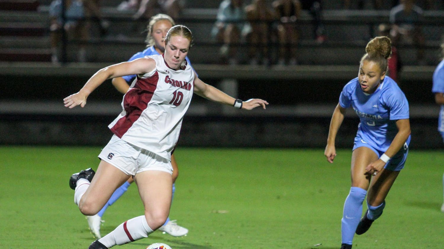 Senior forward Catherine Barry sends the ball of the field during South Carolina’s match against UNC at Stone Stadium on Sept. 7, 2023. The Gamecocks lost to the Tar Heels 2-1.