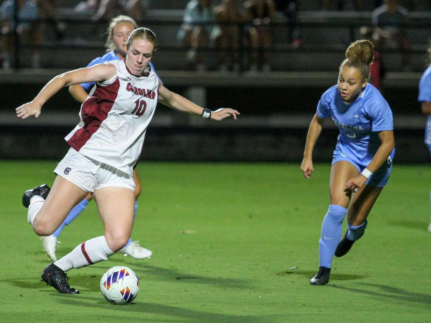 Senior forward Catherine Barry sends the ball of the field during South Carolina’s match against UNC at Stone Stadium on Sept. 7, 2023. The Gamecocks lost to the Tar Heels 2-1.