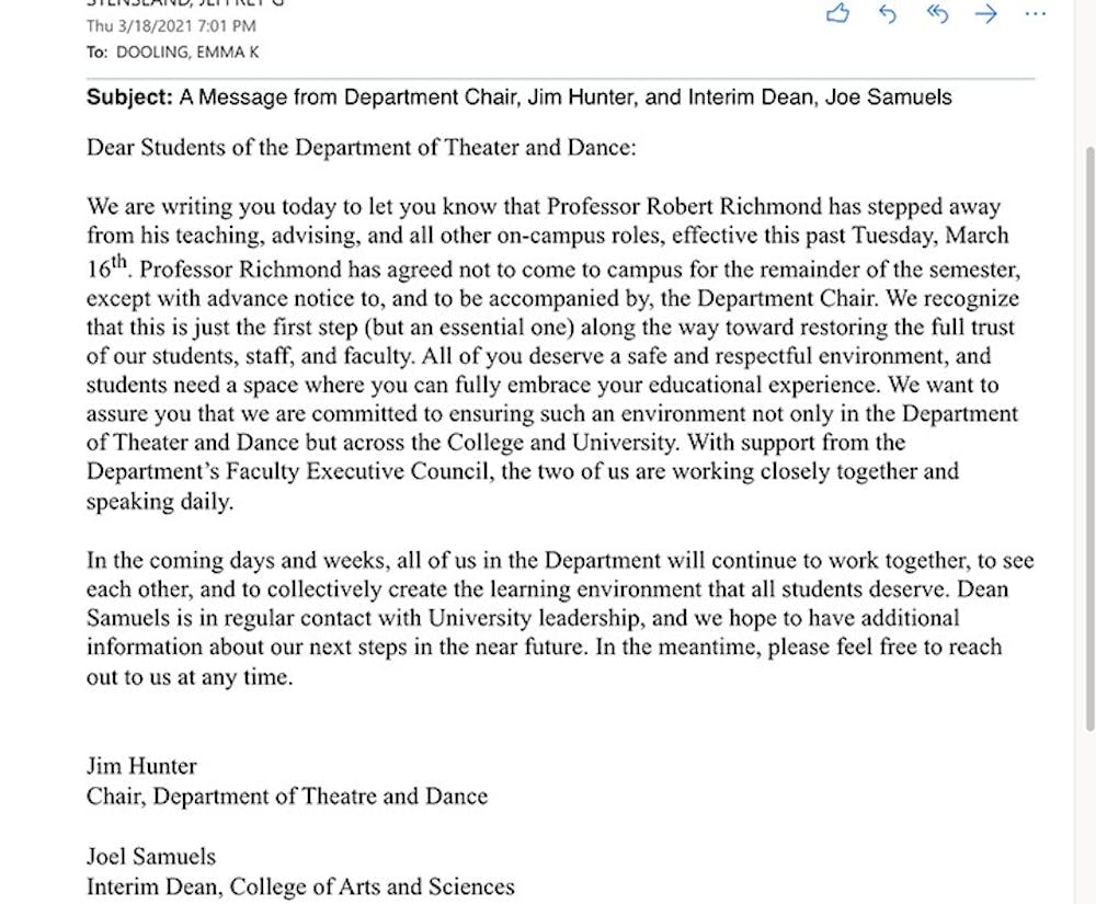  A screenshot of the email sent out after USC theater professor Robert Richmond was removed.