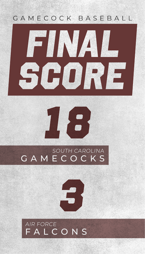 A graphic of the final score of South Carolina baseball's exhibition game against Air Force reads "South Carolina, Gamecocks, 18" and "Air Force Falcons, 3."