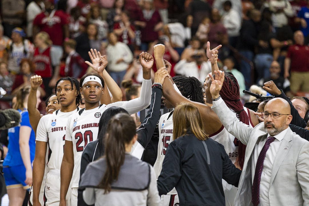 The Gamecocks huddle up after the Sweet 16 win over UCLA at Bon Secours Wellness Arena in Greenville, South Carolina on March 25, 2023. The Gamecocks beat the Bruins 59-43 and will move on to the Elite Eight tournament on March 27, 2023, against the University of Maryland.&nbsp;