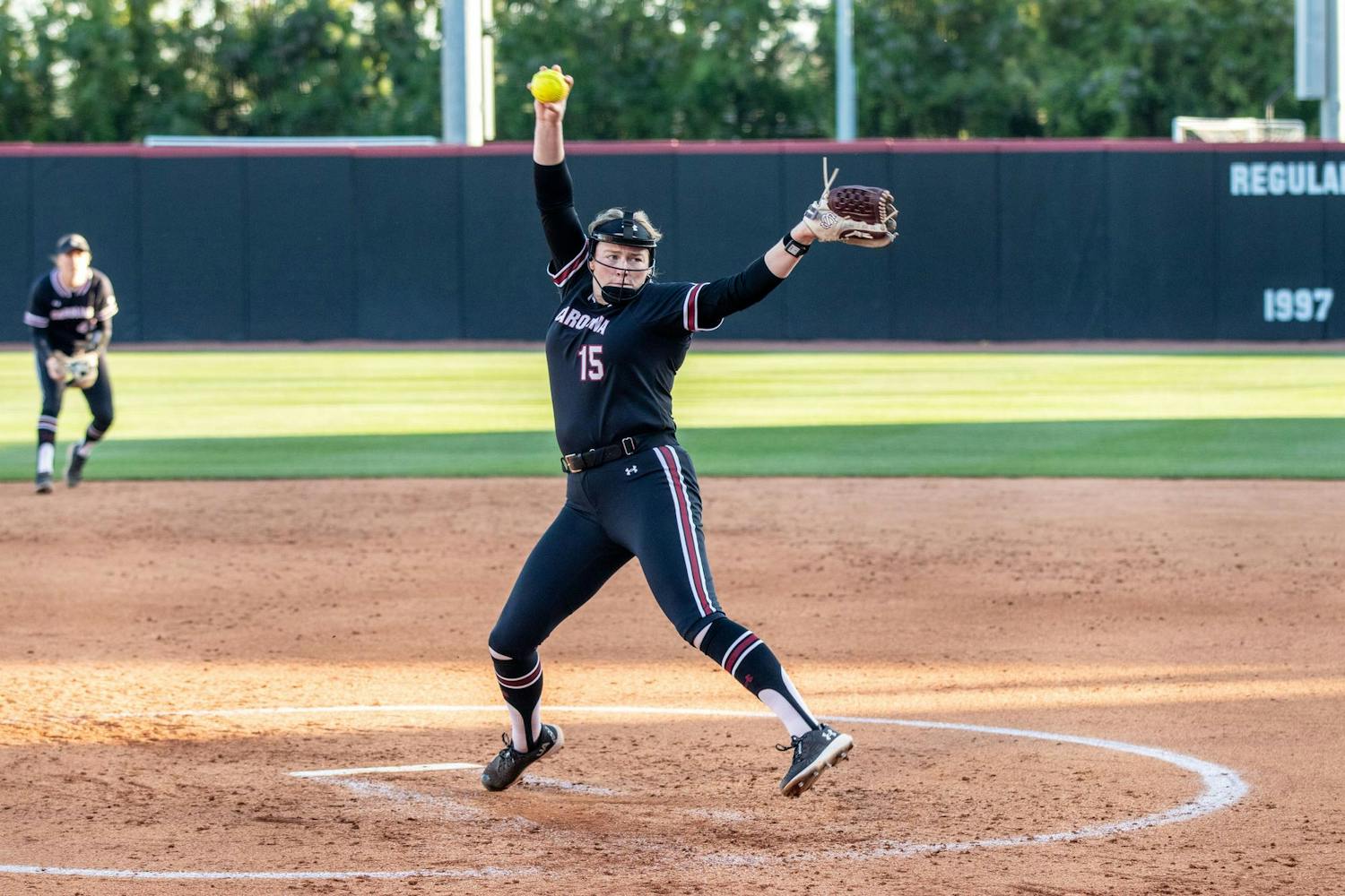 Fifth-year pitcher Alana Vawter winds up a pitch during South Carolina's game against Arkansas at Beckham Field on April 12, 2024. Vawter faced 29 batters in the Gamecocks' 4-3 loss to the Razorbacks.