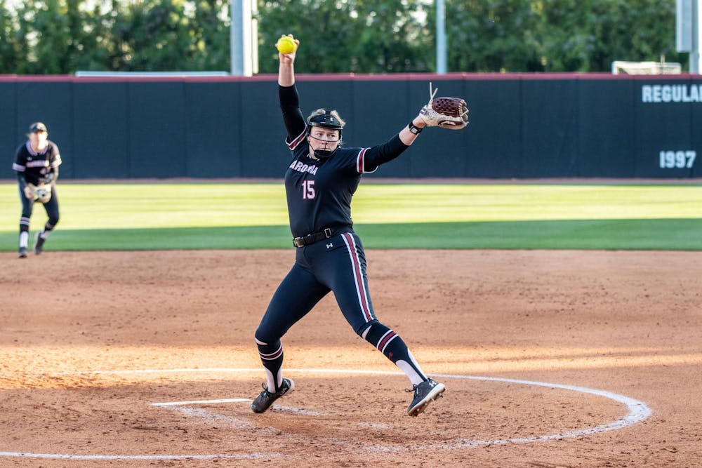 <p>Fifth-year pitcher Alana Vawter winds up a pitch during South Carolina's game against Arkansas at Beckham Field on April 12, 2024. Vawter faced 29 batters in the ɫɫƵs' 4-3 loss to the Razorbacks.</p>