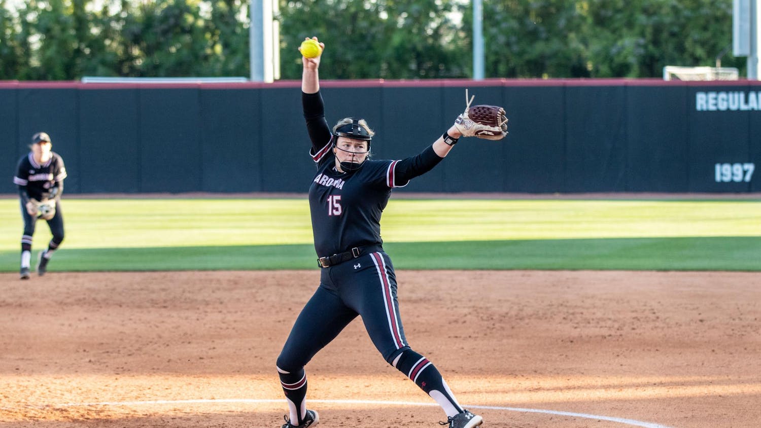 Fifth-year pitcher Alana Vawter winds up a pitch during South Carolina's game against Arkansas at Beckham Field on April 12, 2024. Vawter faced 29 batters in the Gamecocks' 4-3 loss to the Razorbacks.