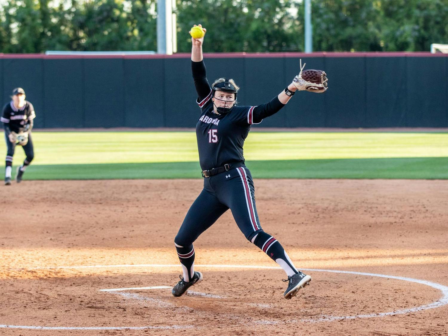 Fifth-year pitcher Alana Vawter winds up a pitch during South Carolina's game against Arkansas at Beckham Field on April 12, 2024. Vawter faced 29 batters in the ɫɫƵs' 4-3 loss to the Razorbacks.