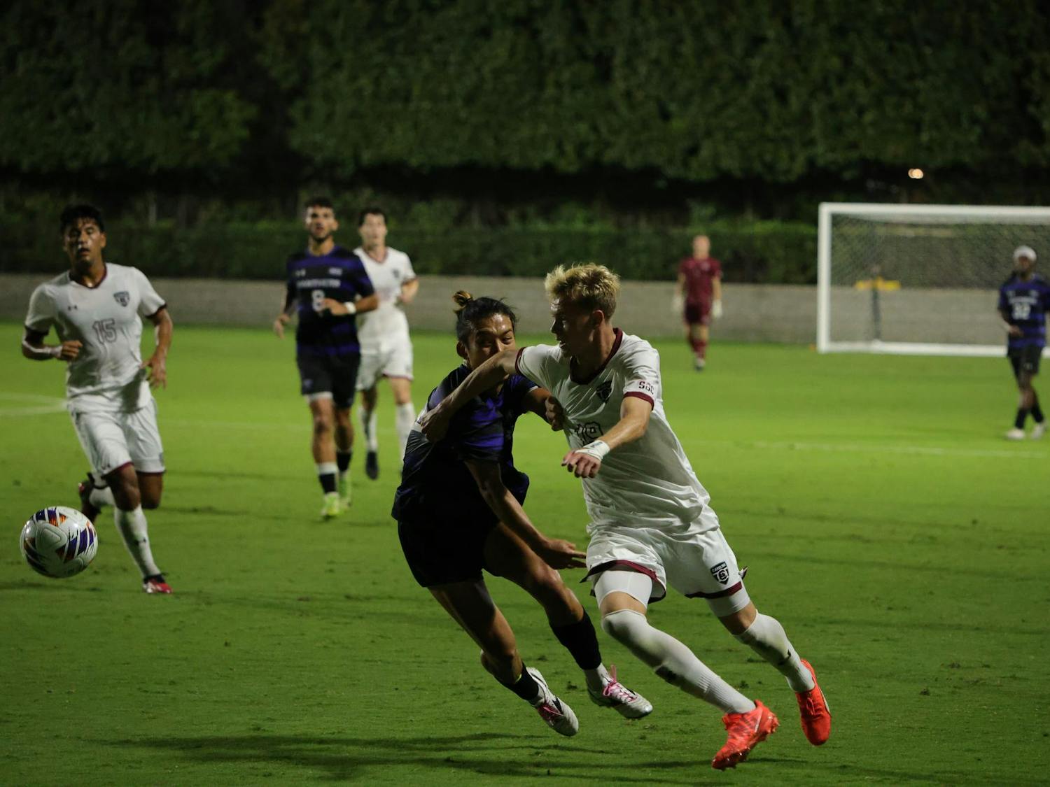 Junior forward Keanan Bader fights off a Georgia State defender to keep possession during South Carolina’s match at Eugene E. Stone Stadium on Friday, Sept. 19, 2025.