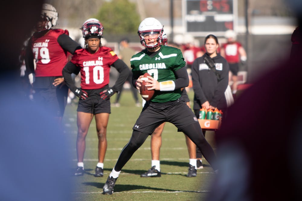 <p>Redshirt junior quarterback Spencer Rattler prepares to throw a football during spring training on March 15, 2022, at the Long Family Football Operations Center in Columbia, SC. The Gamecock's spring game is Saturday, April 16 at 7 p.m. in Williams-Brice Stadium.</p>