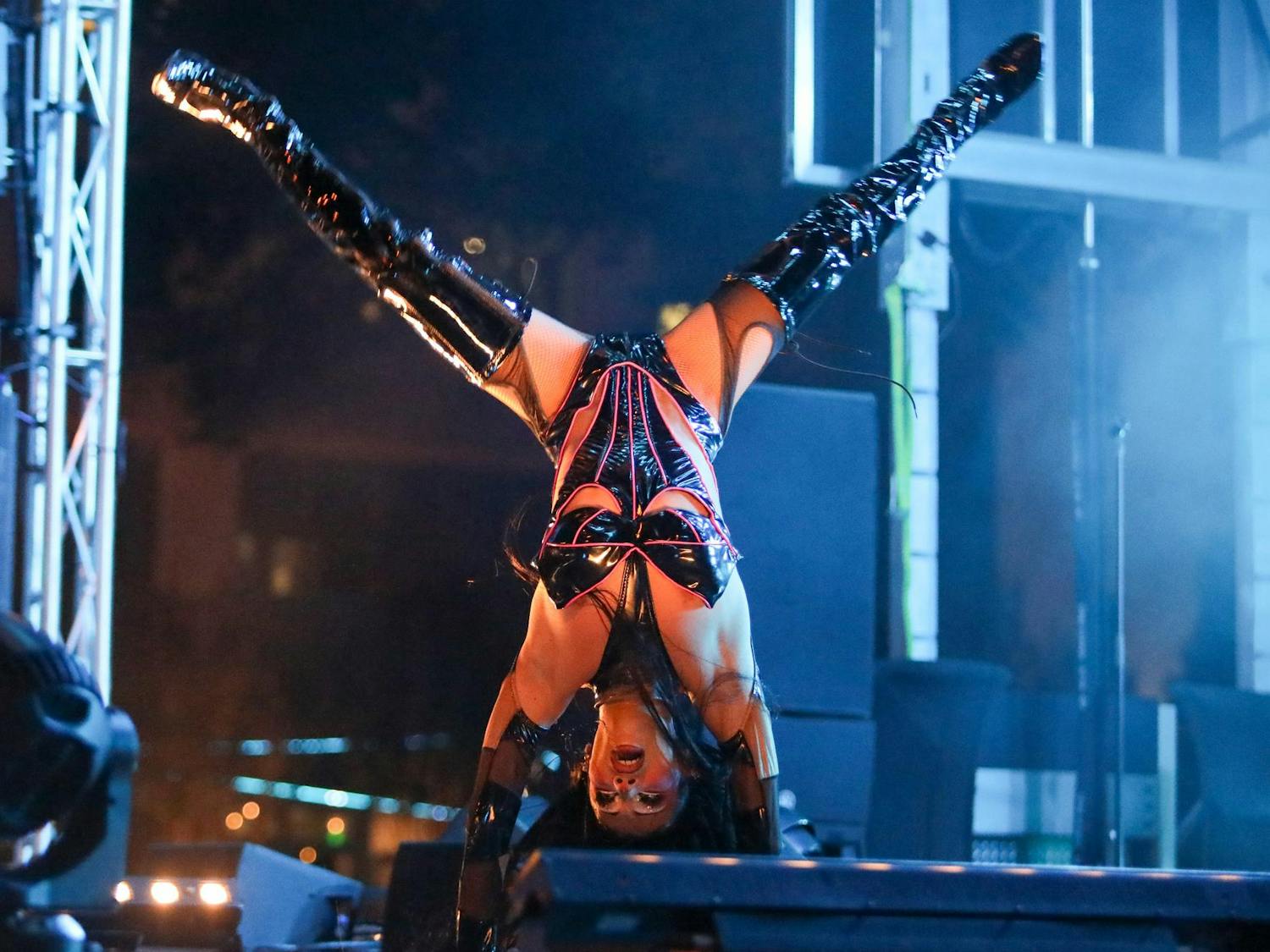 Nashville drag queen Jorgeous does a cartwheel while performing on the Smirnoff Main Stage at the Famously Hot SC Pride Festival on Oct. 4, 2025. Jorgeous competed on season 14 of “RuPaul's Drag Race” and seasons nine and 10 of “All Stars.”