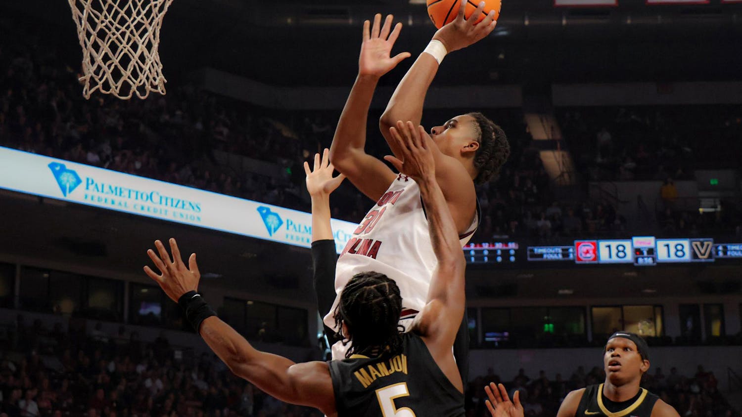 Freshman forward Collin Murray-Boyles attempts a shot during South Carolina's 75-60 victory over Vanderbilt on Feb. 10, 2024. Murray-Boyles scored a career high 31 points for the Gamecocks.