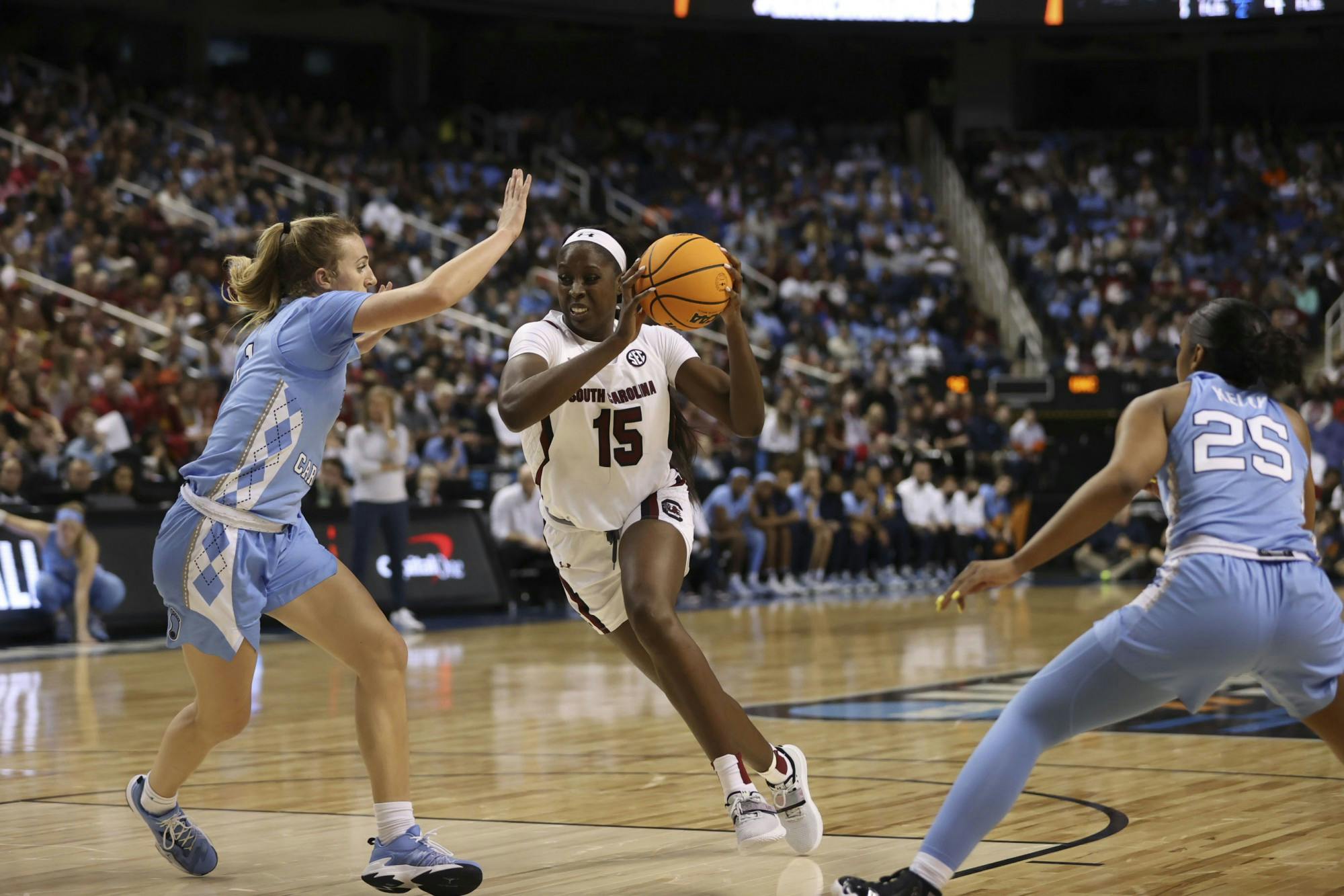 Junior forward Laeticia Amihere drives in the paint during the third quarter of South Carolina's 69-61 victory over North Carolina in the Sweet Sixteen on March 25, 2022.