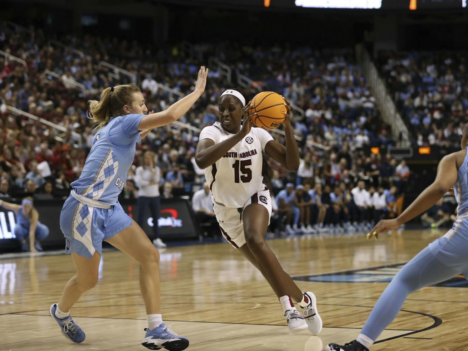 Junior forward Laeticia Amihere drives in the paint during the third quarter of South Carolina's 69-61 victory over North Carolina in the Sweet Sixteen on March 25, 2022.