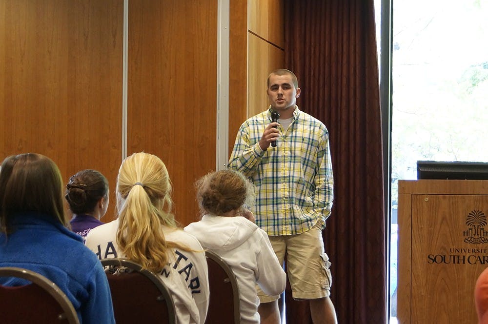	Sophomore quarterback Dylan Thompson speaks at this semester’s final Capstone Conversation.