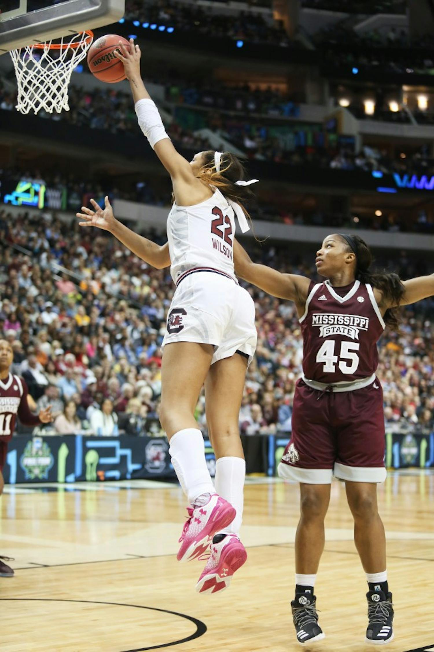 Junior forward A’ja Wilson goes in for a lay-up during the National Championship game against Mississippi State on April 2, 2017.