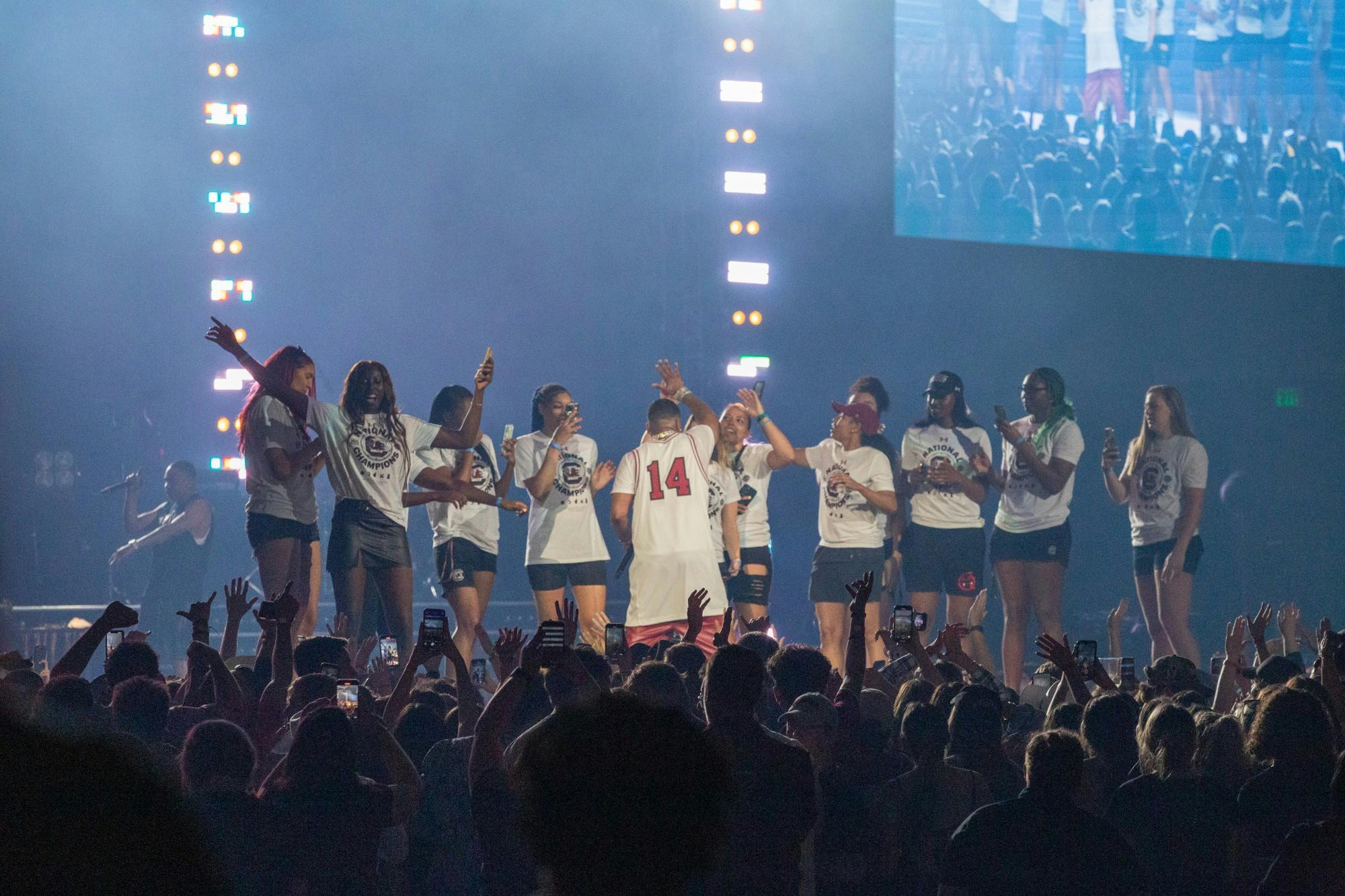 Nelly brings the South Carolina women’s basketball team on stage at the end of his opening act at the Darius Rucker concert at Colonial Life Arena on April 24, 2022. The concert was held as a celebration for the women's basketball team.