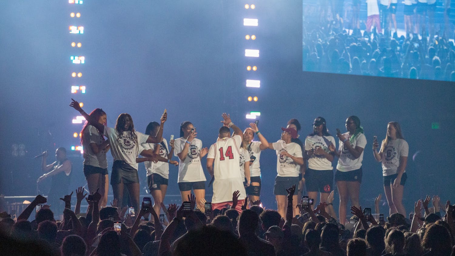 Nelly brings the South Carolina women’s basketball team on stage at the end of his opening act at the Darius Rucker concert at Colonial Life Arena on April 24, 2022. The concert was held as a celebration for the women's basketball team.