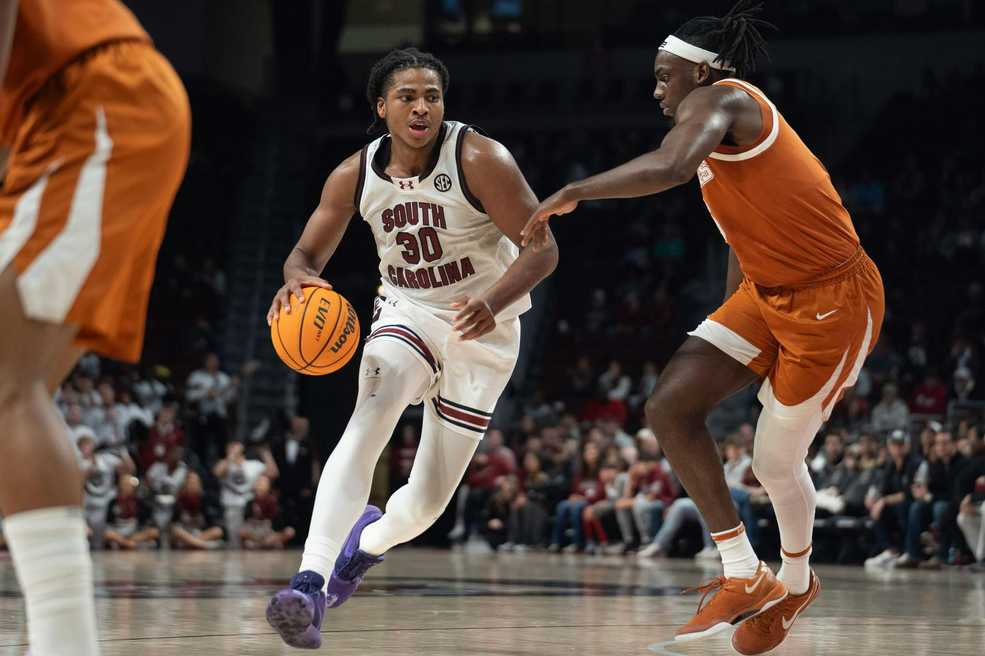 FILE —&nbsp;Sophomore forward Collin Murray-Boyles drives through an opponent during the Feb. 22, 2025, matchup against the Texas Longhorns at the Colonial Life Arena. Murray-Boyles finished the night with 22 points, helping lead the Gamecocks to their first win of the year.