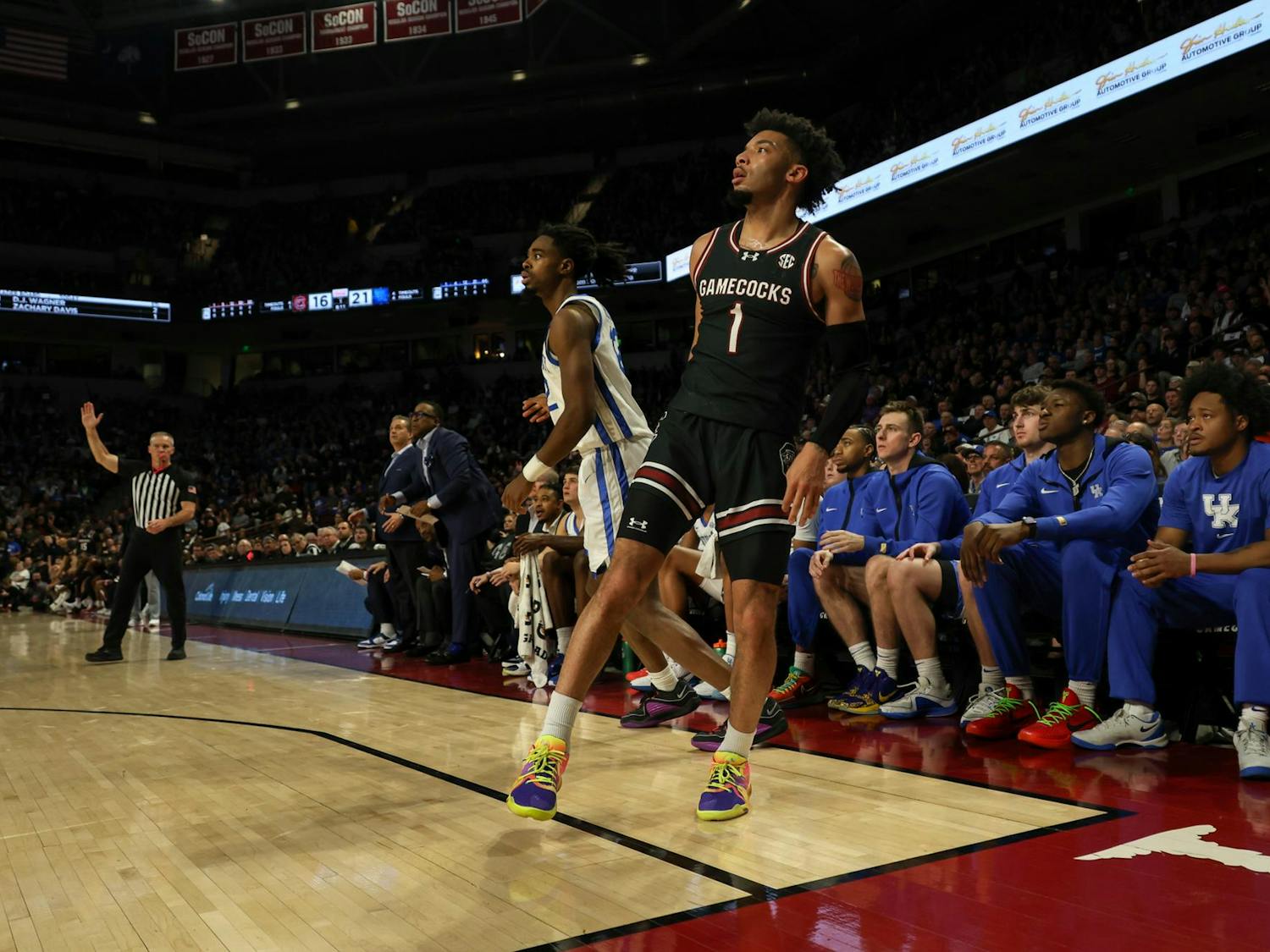 Junior guard Jacobi Wright lands after a successful 3-point jump shot during the Gamecocks 79-62 victory against the No. 6 Kentucky Wildcats on Jan. 23, 2024. Wright scored 14 points for the Gamecocks at a sold-out Colonial Life Arena.