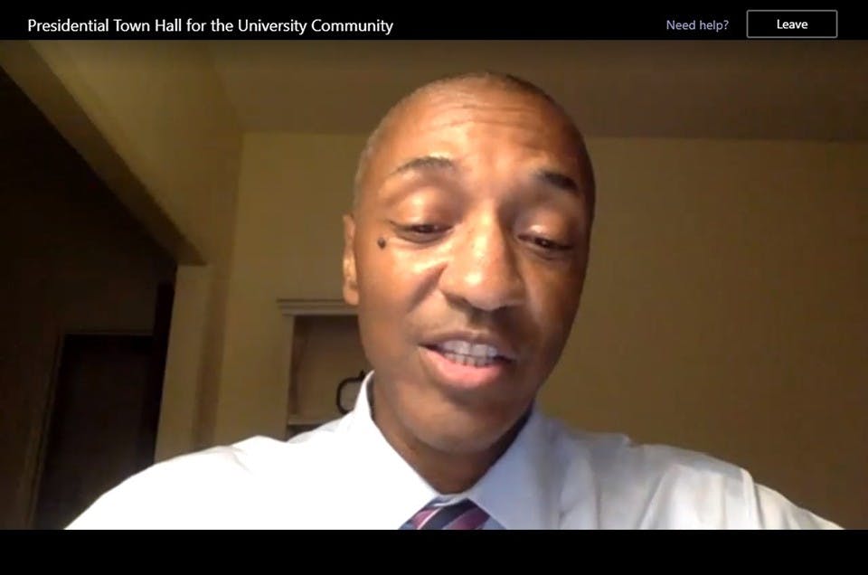 Provost Tate speaks during the virtual town hall.