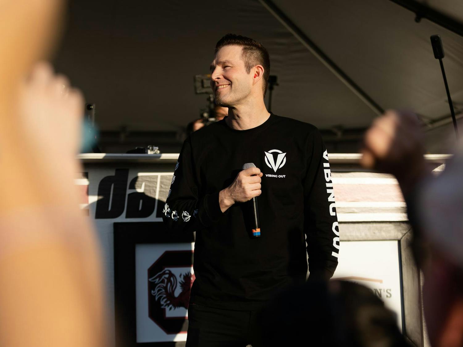 Darude smiles at the crowd during his concert at Gamecock Park prior to South Carolina's game against Kentucky. South Carolina first played Darude's song "Sandstorm" during a game against Ole Miss in 2009.&nbsp;