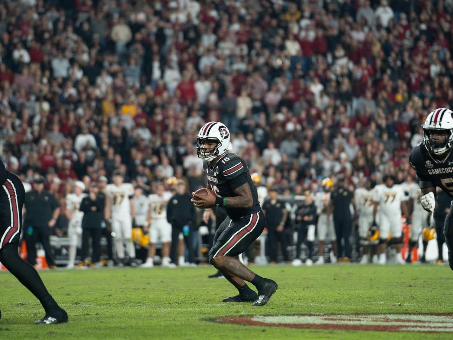 Redshirt freshman quarterback LaNorris Sellers looks for an open teammate to pass to during the last minutes of the matchup against the Tigers at Williams-Brice Stadium. Sellers threw a career-high five touchdown passes during the game.