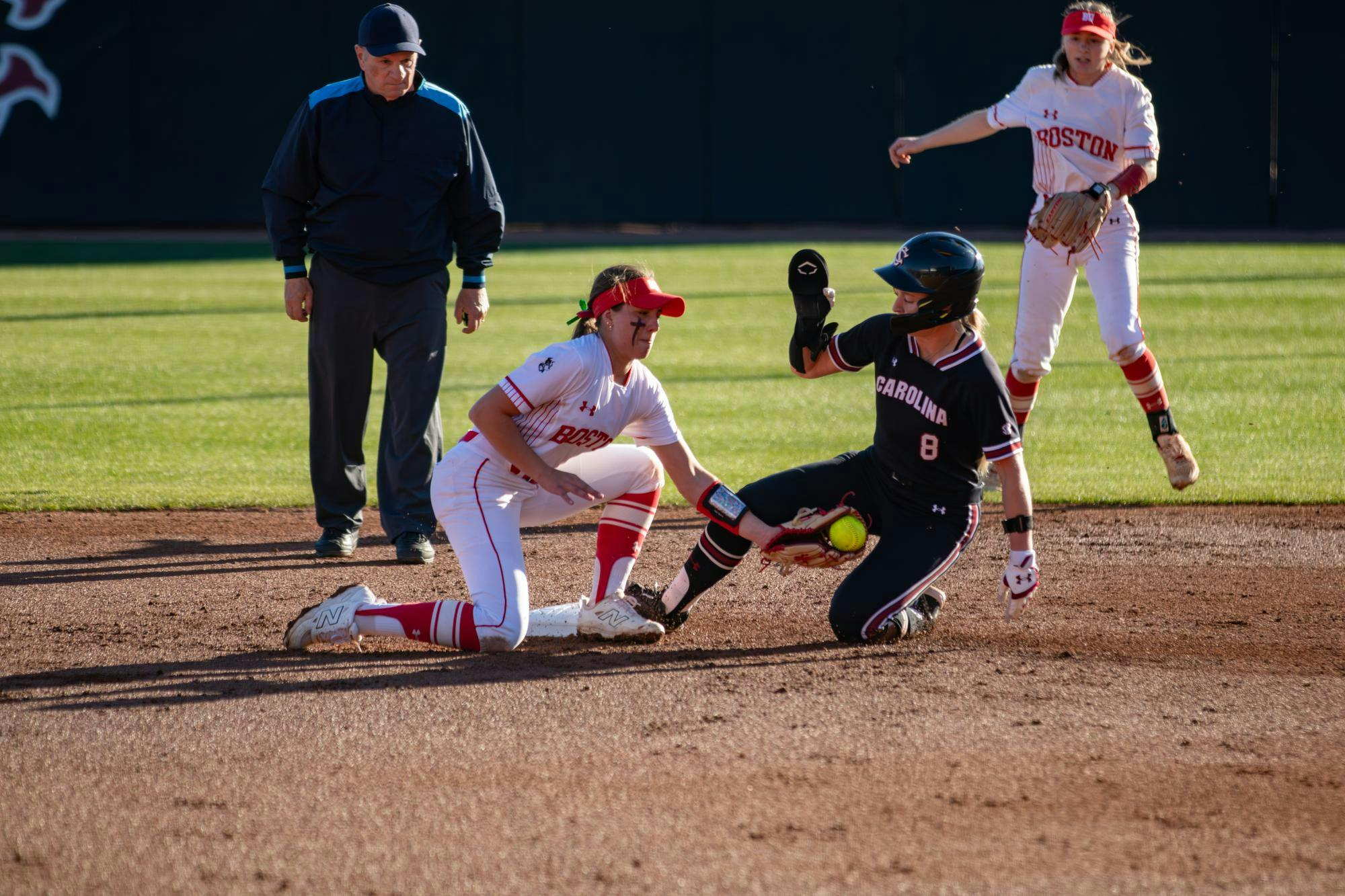 Sophomore infielder Tate Davis&nbsp;attempting&nbsp;to steal second base during a game against Boston University on Feb. 13, 2026, at Carolina Softball Stadium at Beckham Field. Davis&nbsp;has four stolen bases this season.&nbsp;