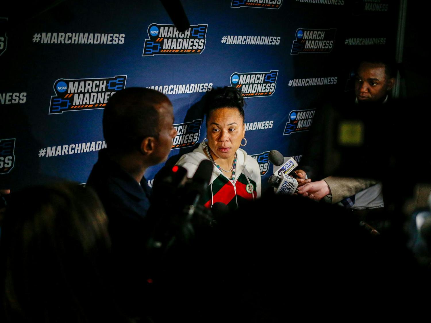 Head coach Dawn Staley speaks to members of the press following South Carolina’s game against Presbyterian in round one of the 2024 NCAA Women’s Tournament on March 22, 2024, at Colonial Life Arena. Following a second-round victory against North Carolina, South Carolina will travel to Albany, New York to compete in the Sweet Sixteen on March 29.