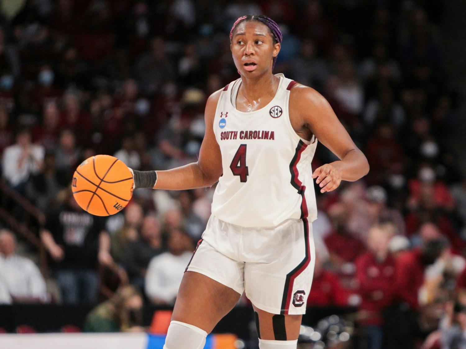 Junior forward Aliyah Boston dribbles the ball down the court during a second round game of the NCAA tournament on Sunday, March 20, 2022 at the Colonial Life Arena. The Gamecocks beat Miami 49-33.
