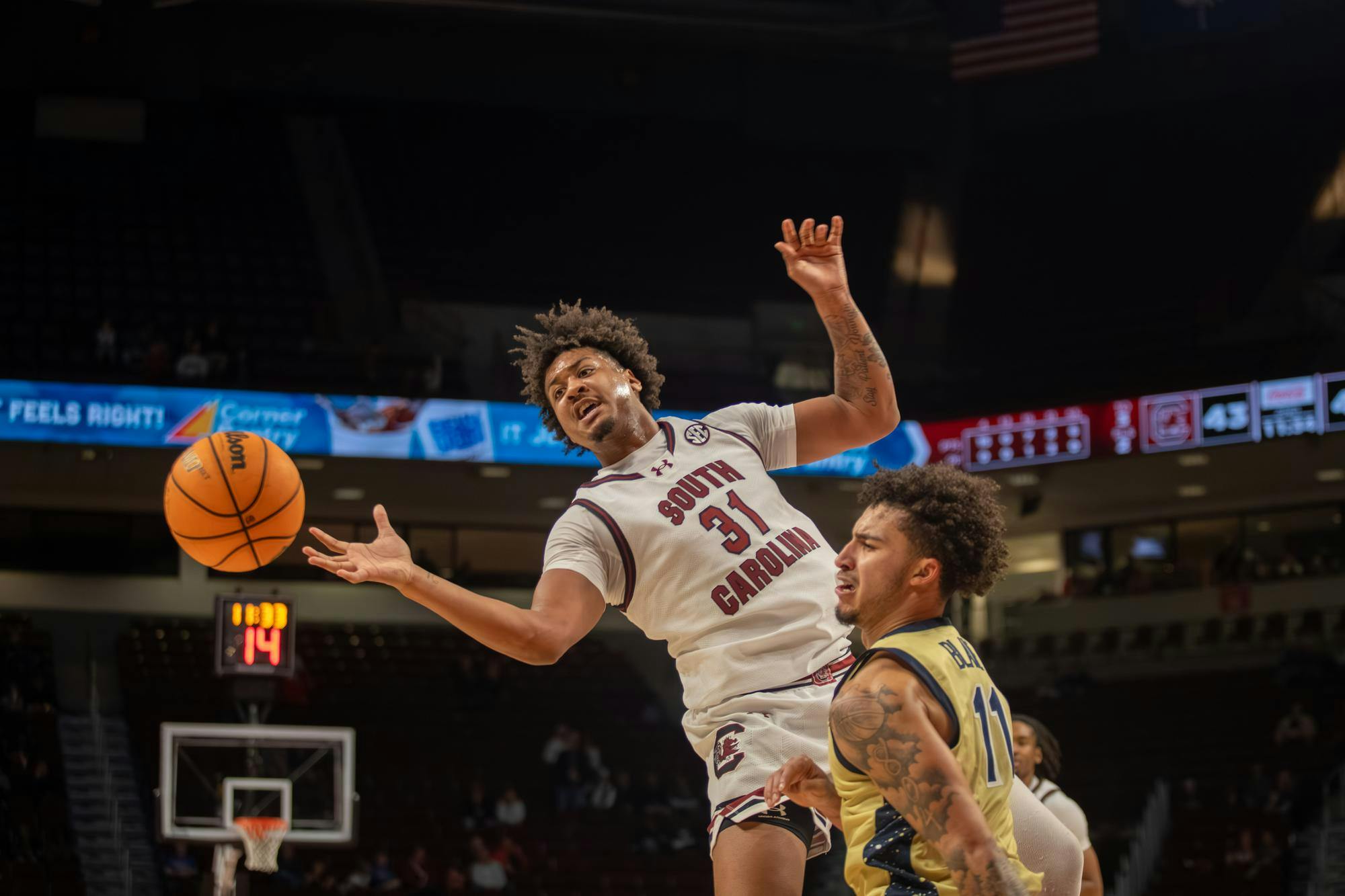 Junior forward Elijah Strong loses the ball on the court during the game against Charleston Southern on Nov. 28, 2025. Strong scored the most points for the Gamecocks with 22 total.