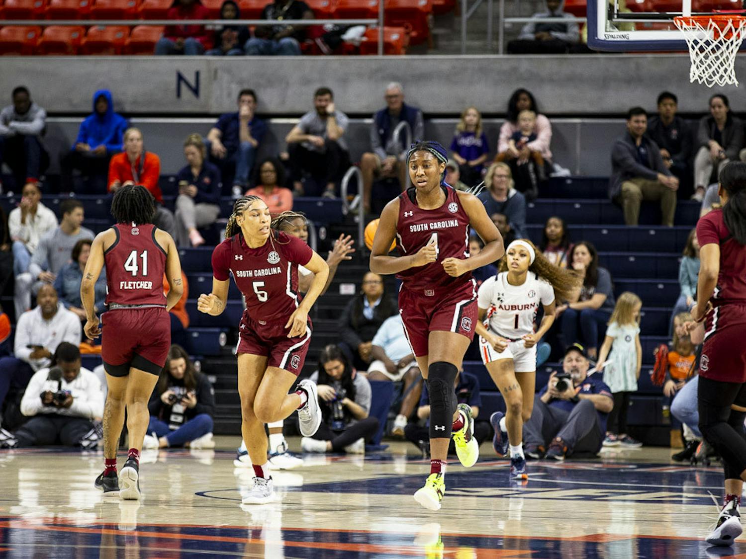 Senior forward Victaria Saxton (on left) and senior forward Aliyah Boston (on right) run down the court after the ball is turned over to Auburn during the Gamecocks' and Tigers' matchup on Feb. 9, 2023. The Gamecocks beat the Tigers 83-48.