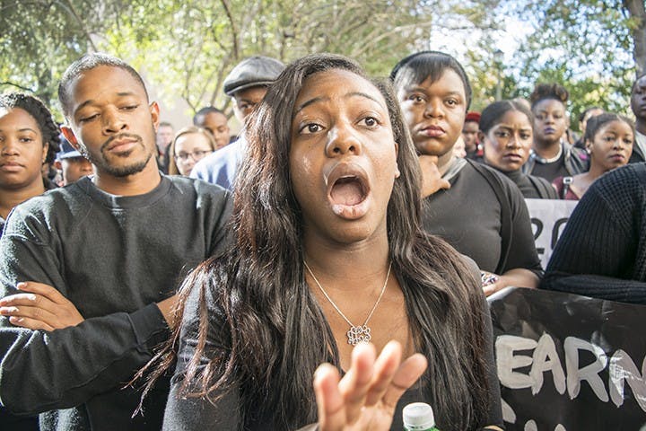 Students gathered outside of Longstreet Theatre Monday afternoon, and then proceeded to walk to the Osborne Administration Building, where they were greeted by officials.