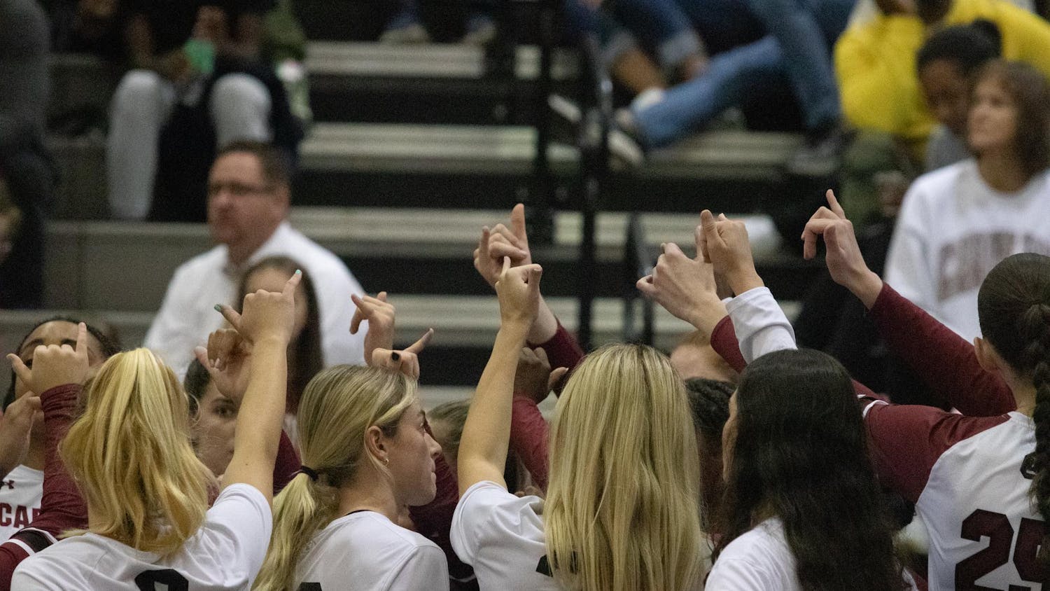 The Gamecock women's volleyball team exits a timeout huddle during its game against LSU at the Carolina Volleyball Center on Nov. 12, 2023. The Gamecocks narrowly lost to the Tigers 3-2.