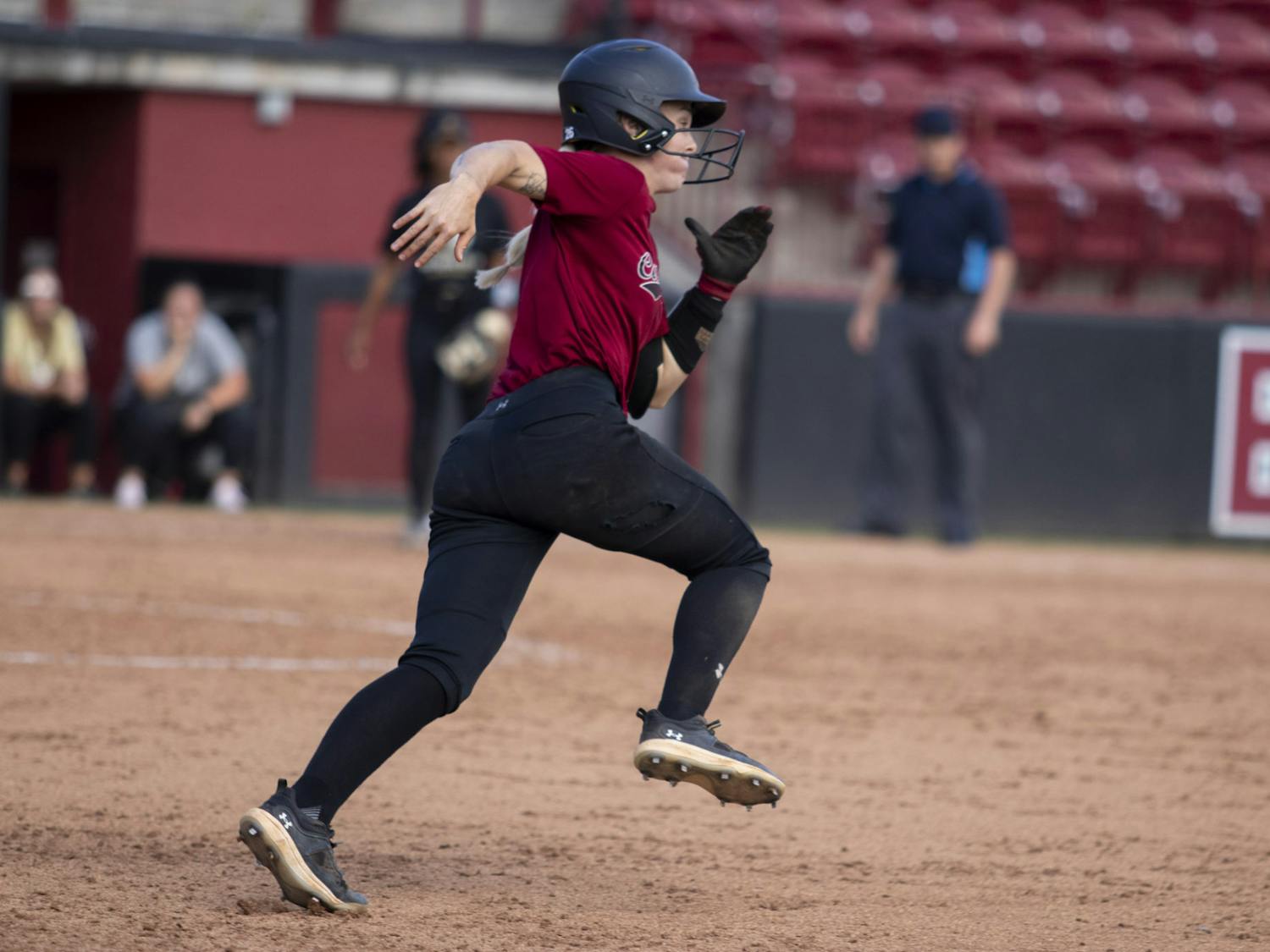 Sophomore pitcher Jori Heard rounds towards second base after an early hit against Wofford on Oct. 7, 2023. Heard's double helped lead South Carolina to a 14-0 win.