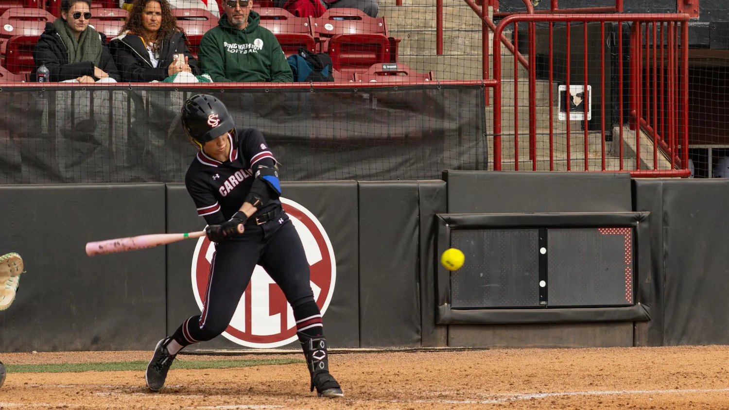 Senior infielder Arianna Rodi swings her bat during the softball game against Binghamtion at the Carolina Softball Stadium on Feb. 8, 2026. The Gamecocks knocked it out of the park with a final score of 9-1.
