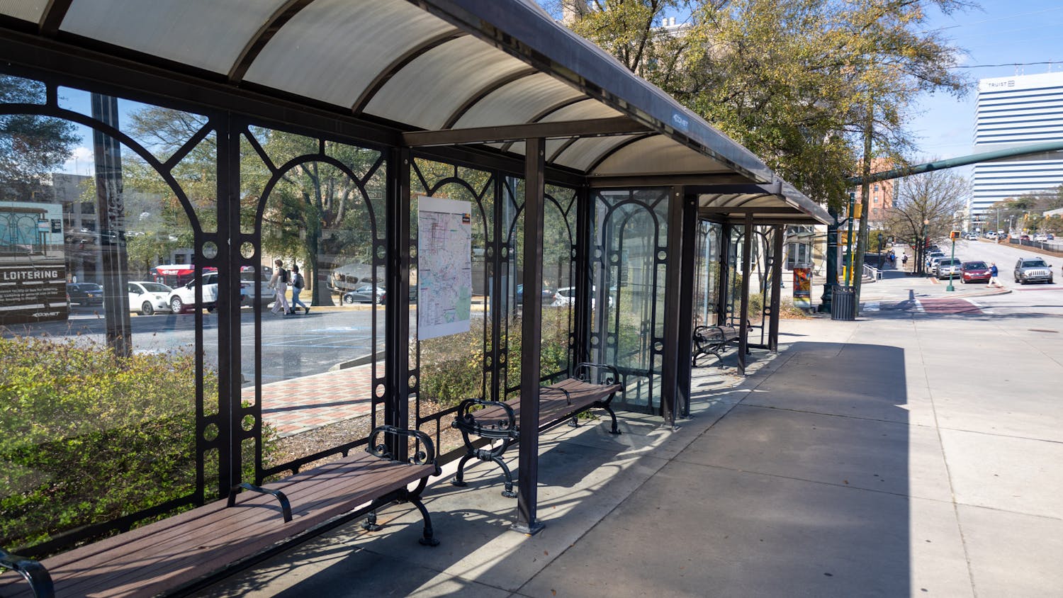 Sitting at the intersection between Assembly Street and College Street, the Comet bus stop is seen with bars in the middle of the benches on Feb. 23, 2023. The extra bar is seen as a way for the local authorities to stop people from being able to lay down on the benches. 