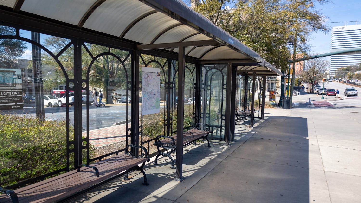 Sitting at the intersection between Assembly Street and College Street, the Comet bus stop is seen with bars in the middle of the benches on Feb. 23, 2023. The extra bar is seen as a way for the local authorities to stop people from being able to lay down on the benches. &nbsp;