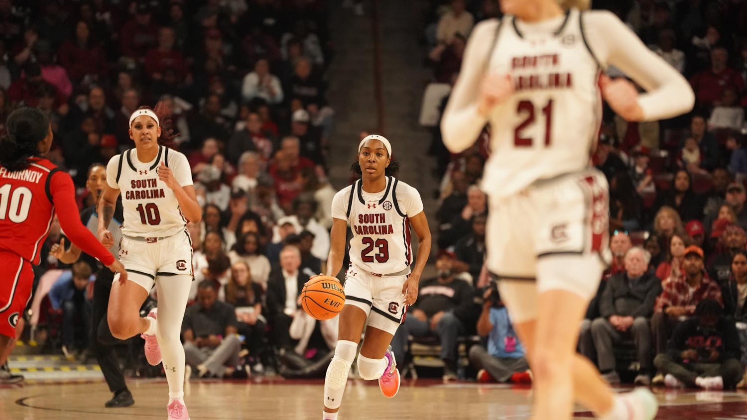 Junior guard Bree Hall dribbles the ball up the court during South Carolina's game against Georgia on Feb. 18, 2024, at Colonial Life Arena. Hall scored 9 points during the Gamecocks' 70-56 victory over the Bulldogs.