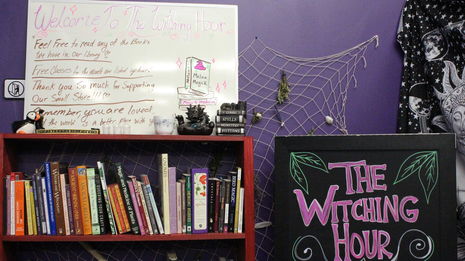 Merchandise is placed against a wall at The Witching Hour on Oct. 4, 2023. The local small business is a spiritual shop, looking to educate people more about witchcraft.