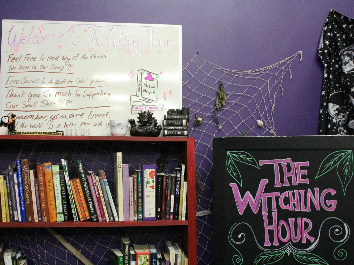 Merchandise is placed against a wall at The Witching Hour on Oct. 4, 2023. The local small business is a spiritual shop, looking to educate people more about witchcraft.