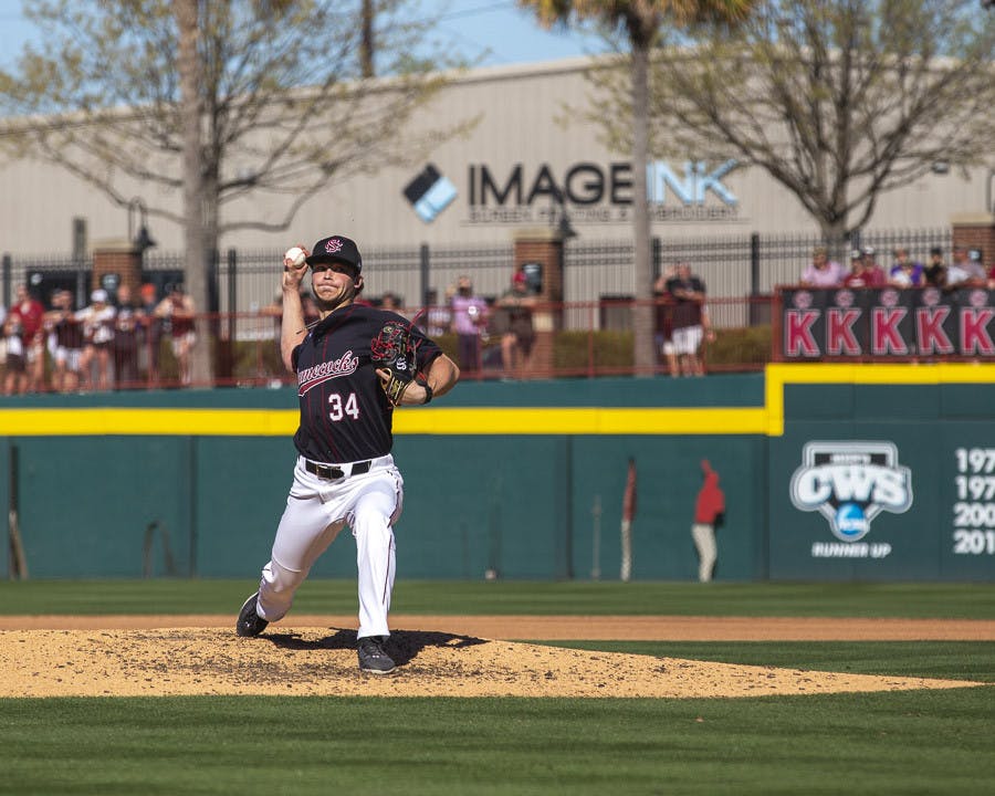 Redshirt junior pitcher James Hicks throws a pitch during the matchup between South Carolina and Clemson on March 5, 2023. The Gamecocks beat the Tigers 7-1.