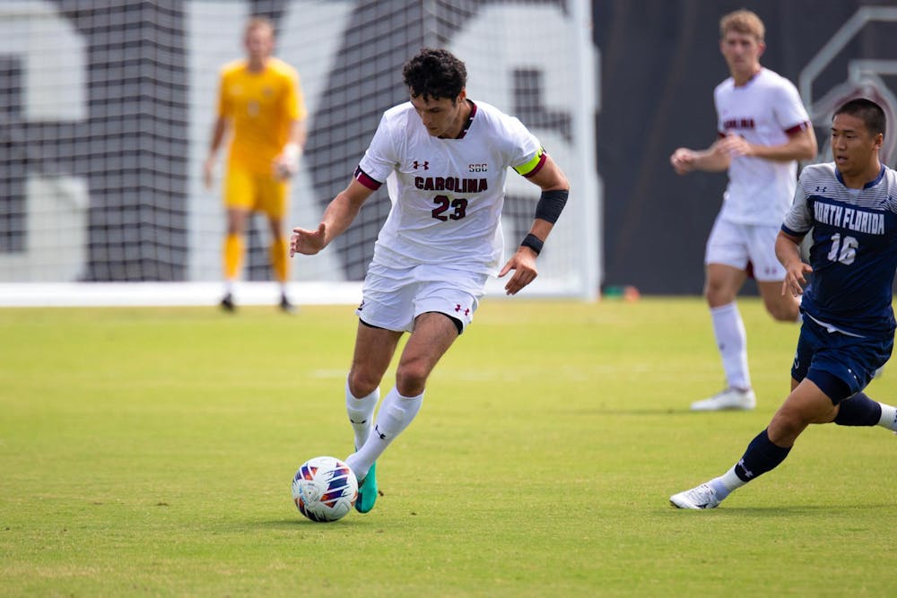 <p>FILE — Then-senior forward Harrison Myring dribbles the ball towards the opponent's side of the field on Aug. 25, 2024 at Stone Stadium. The Gamecocks lost to the Clemson Tigers 4-1 on Aug. 26, 2025.</p>