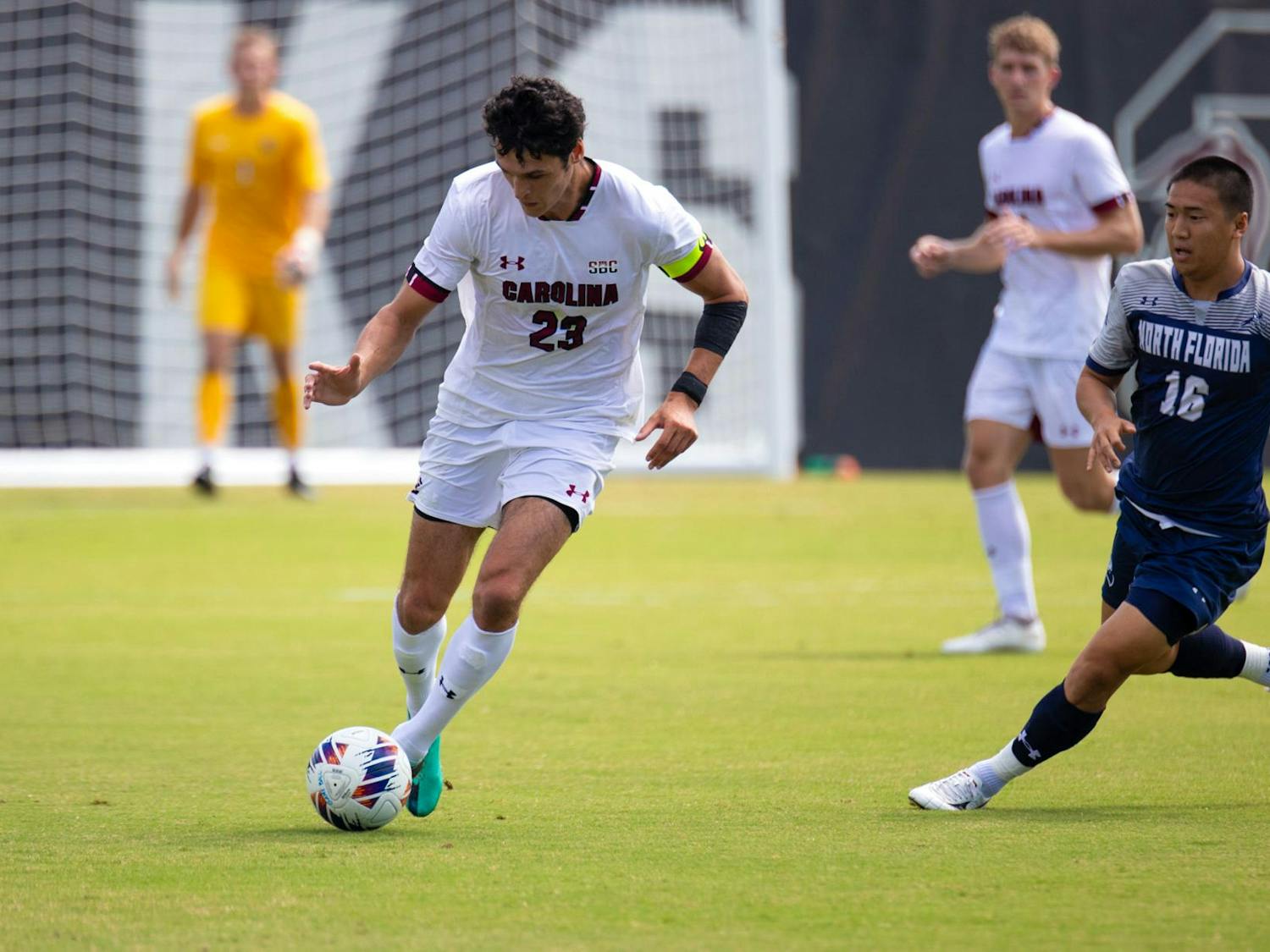 FILE — Then-senior forward Harrison Myring dribbles the ball towards the opponent's side of the field on Aug. 25, 2024 at Stone Stadium. The Gamecocks lost to the Clemson Tigers 4-1 on Aug. 26, 2025.
