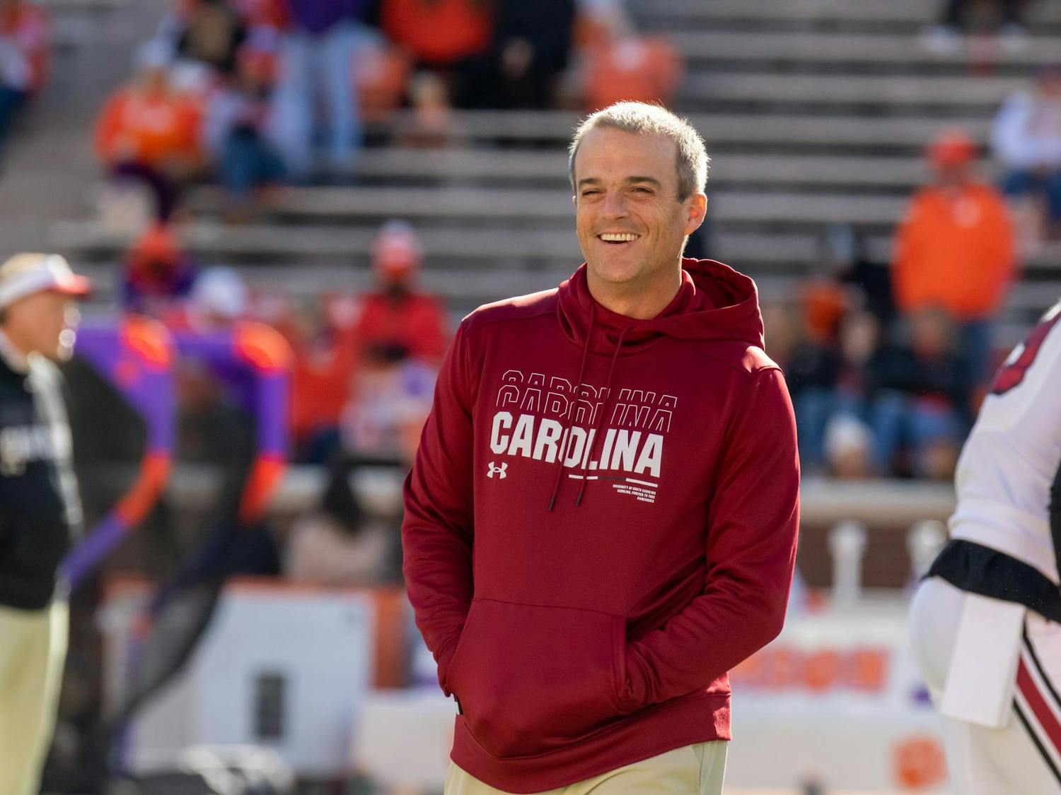 Head coach Shane Beamer smiles as he and his team prepare to face Clemson in the Palmetto Bowl at Memorial Stadium on Nov. 30, 2024. This is the first time in program history that South Carolina has defeated four ranked teams in a season.