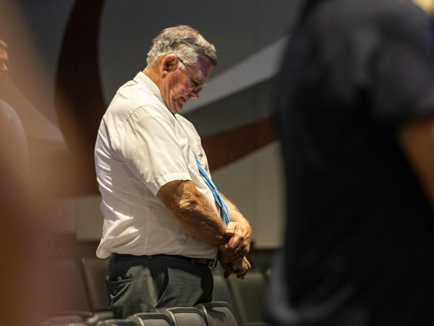 Jene Ball, a Columbia resident and Pastor at Santee Bible Baptist Church prays during the Israel Solidarity Rally hosted by Gamecocks for Israel in Russell House on Oct. 7, 2024. One of the messages conveyed by speakers at the rally was one of the Christian unity with the Jewish people. Ball said he has always been very supportive of Israel.