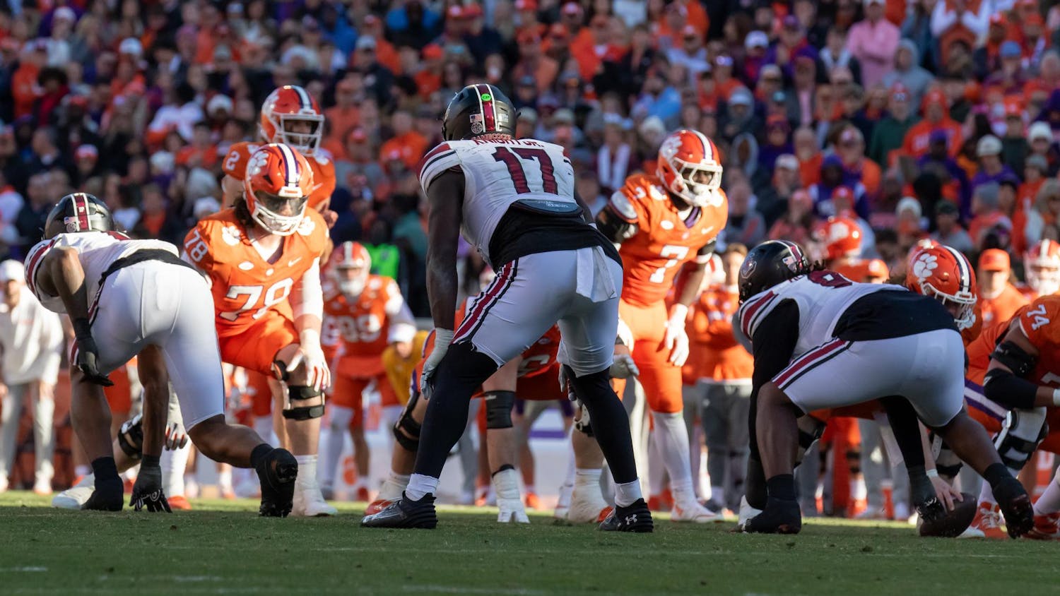 The University of South Carolina defense lines up against the Clemson offense on Nov. 30, 2024. The late-game interception secured the Palmetto Bowl win for the Gamecocks.